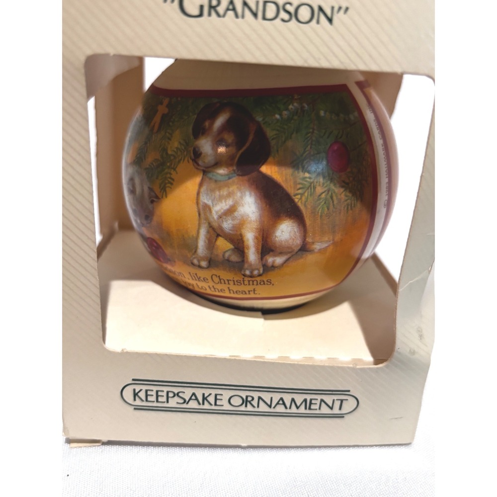 Vintage 1983 Hallmark Keepsake Ornament Grandson Puppy Kitten Satin Ball collect
